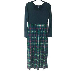 NWT DB Moon Green Tartan‎ Plaid A-line Maxi Dress Womens L Pockets Long Sleeves